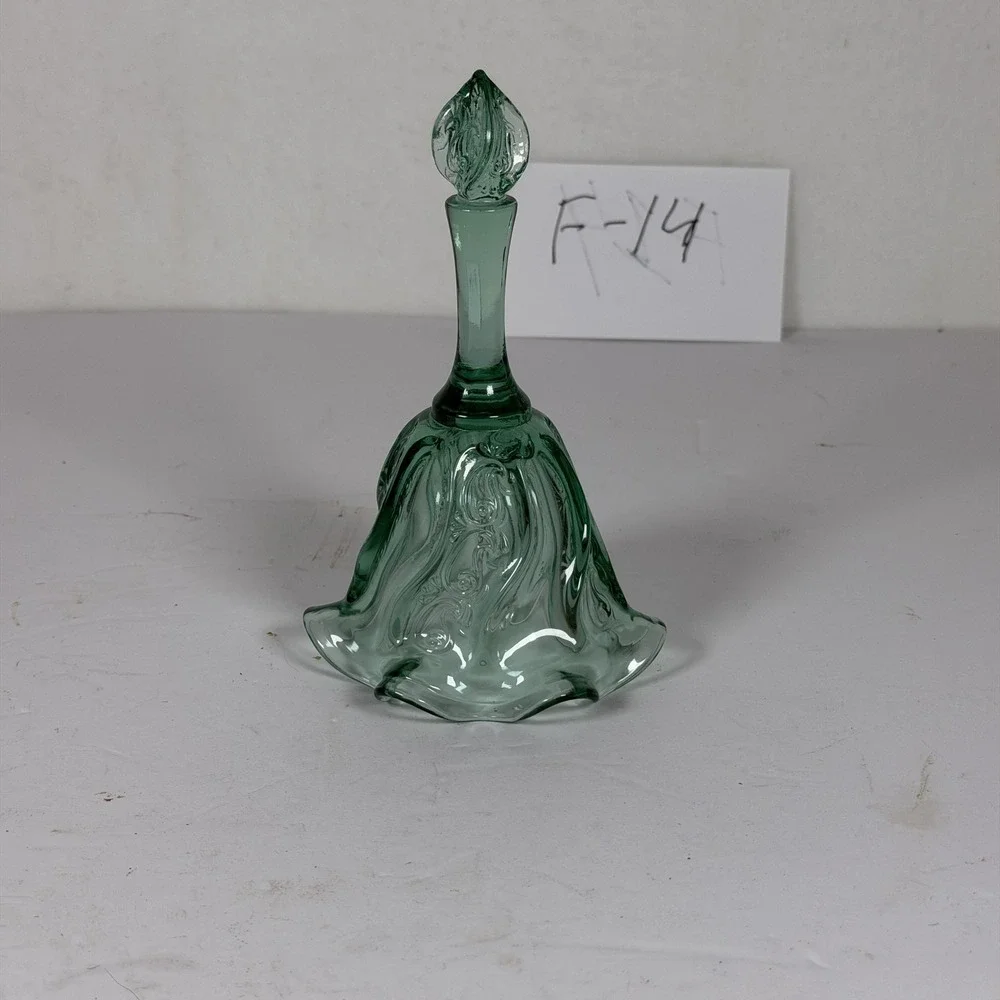 Vintage Fenton Green Glass Bell Ruffled Edge Floral Pattern Storage F-14